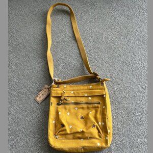 Yellow Fat Face Crossbody Bag with Bumblebees on it